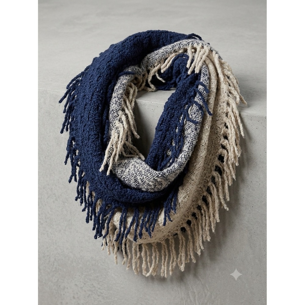 Britts Knits Fringe Benefits Infinity Scarf Navy Cream Colorblock BKFB3-WHT
